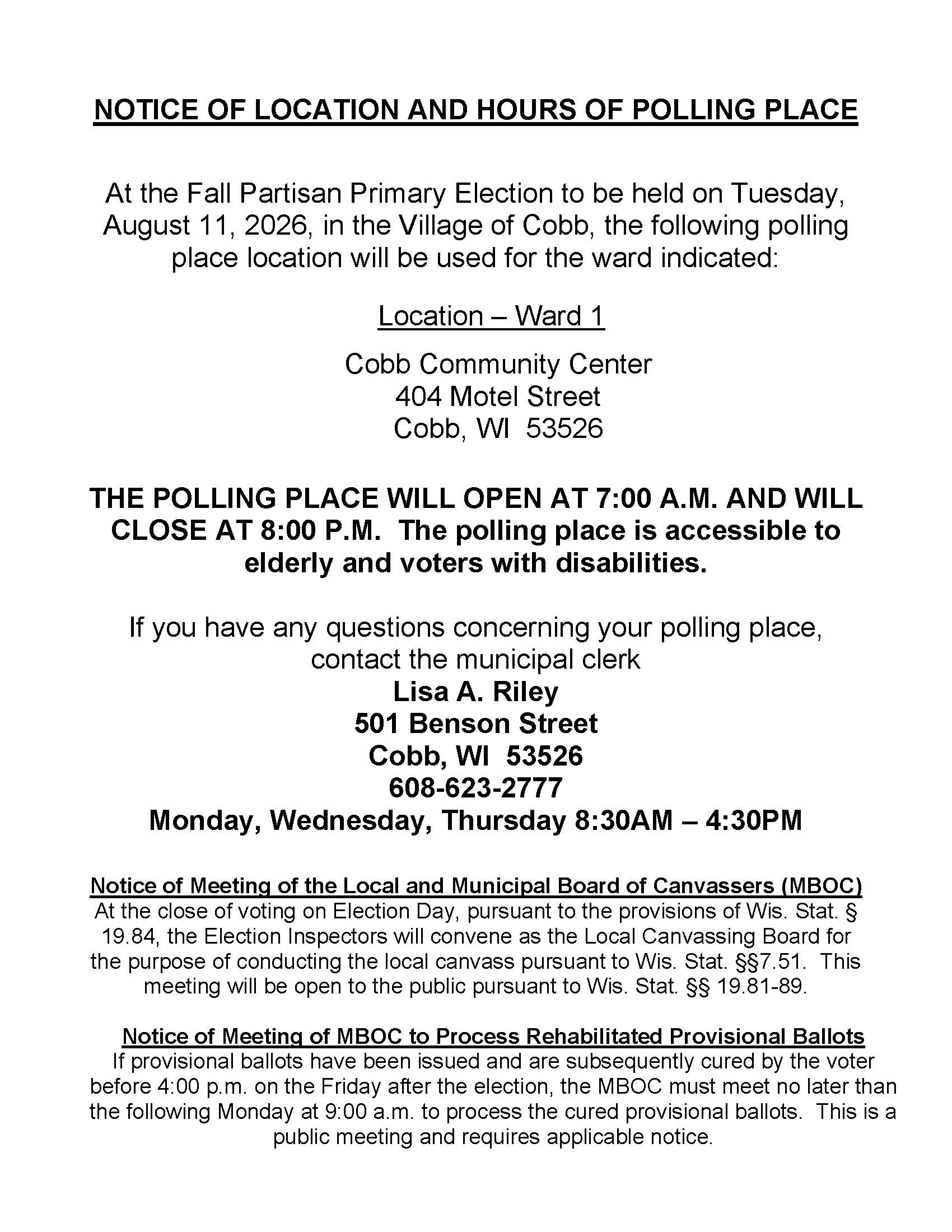 August 11, 2026 Notice of Location and Hours of Polling Place for Partisan Primary